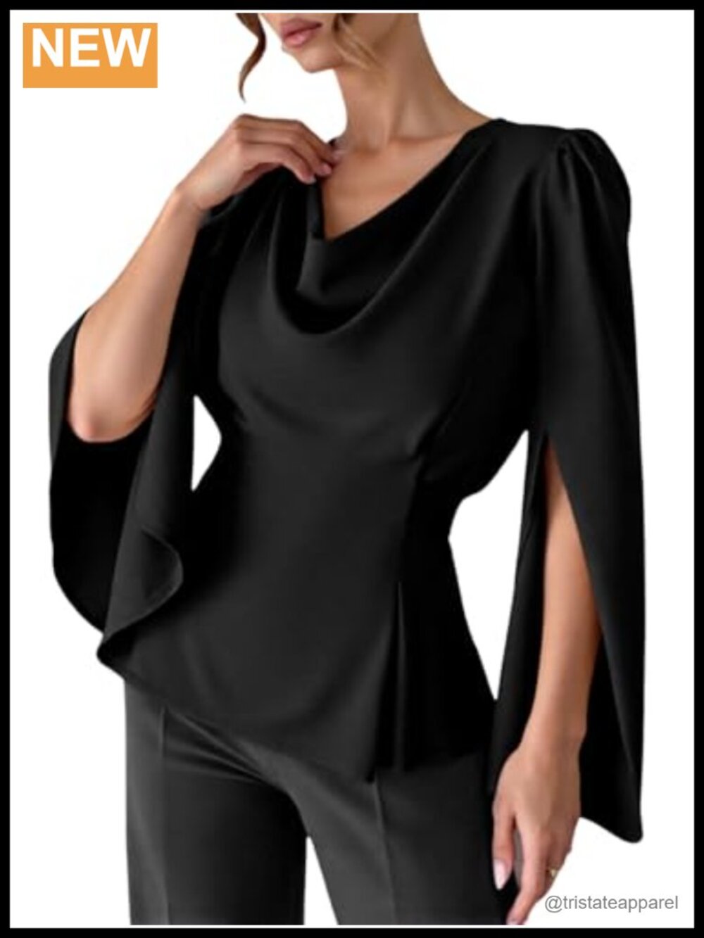 Women's Cowl Neck Satin Long Sleeve Peplum Tie Back Blouse Top